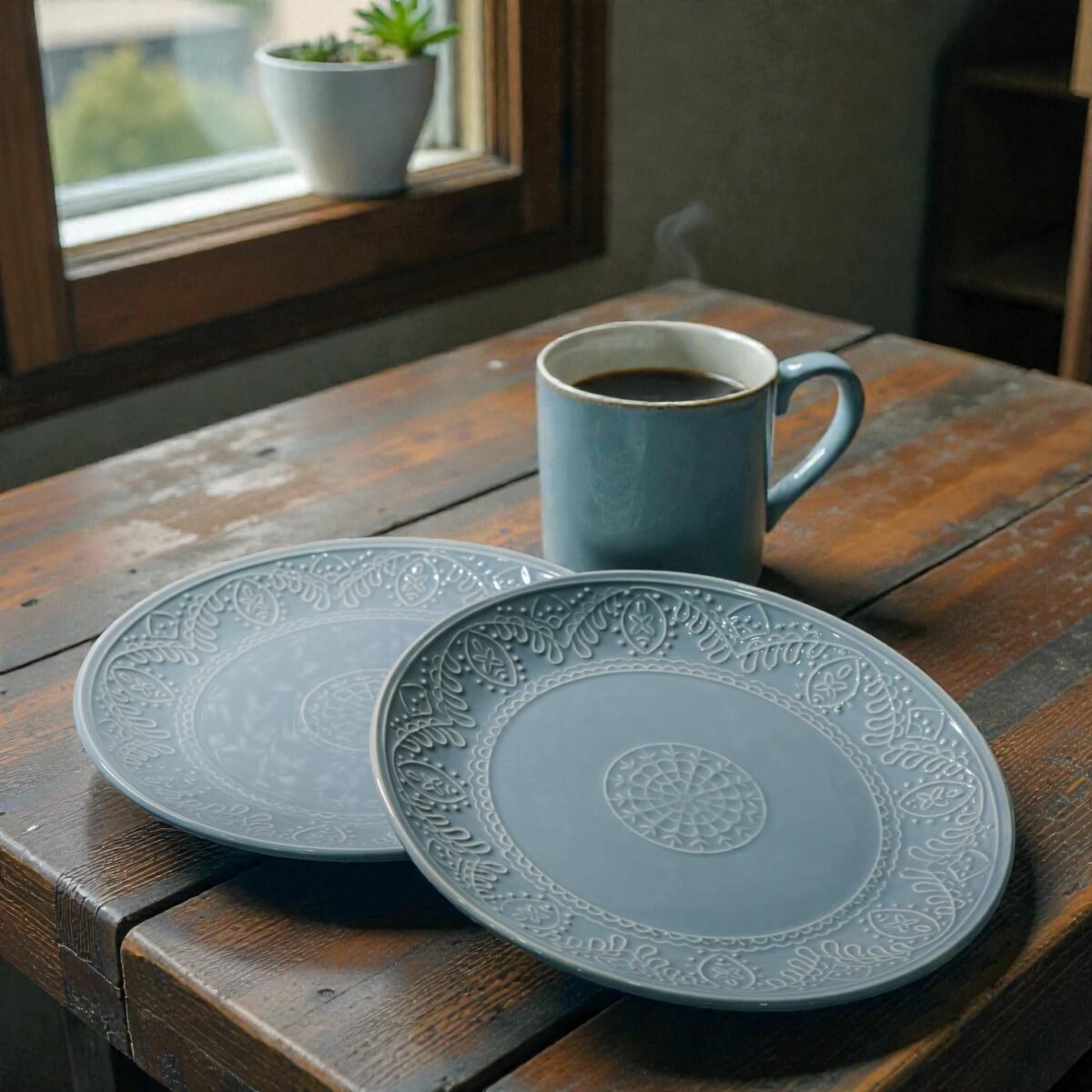 Eira Solis – Set of 2 Pastel Blue Embossed Ceramic Dinner Plates (Set of 2, 10 Inches)