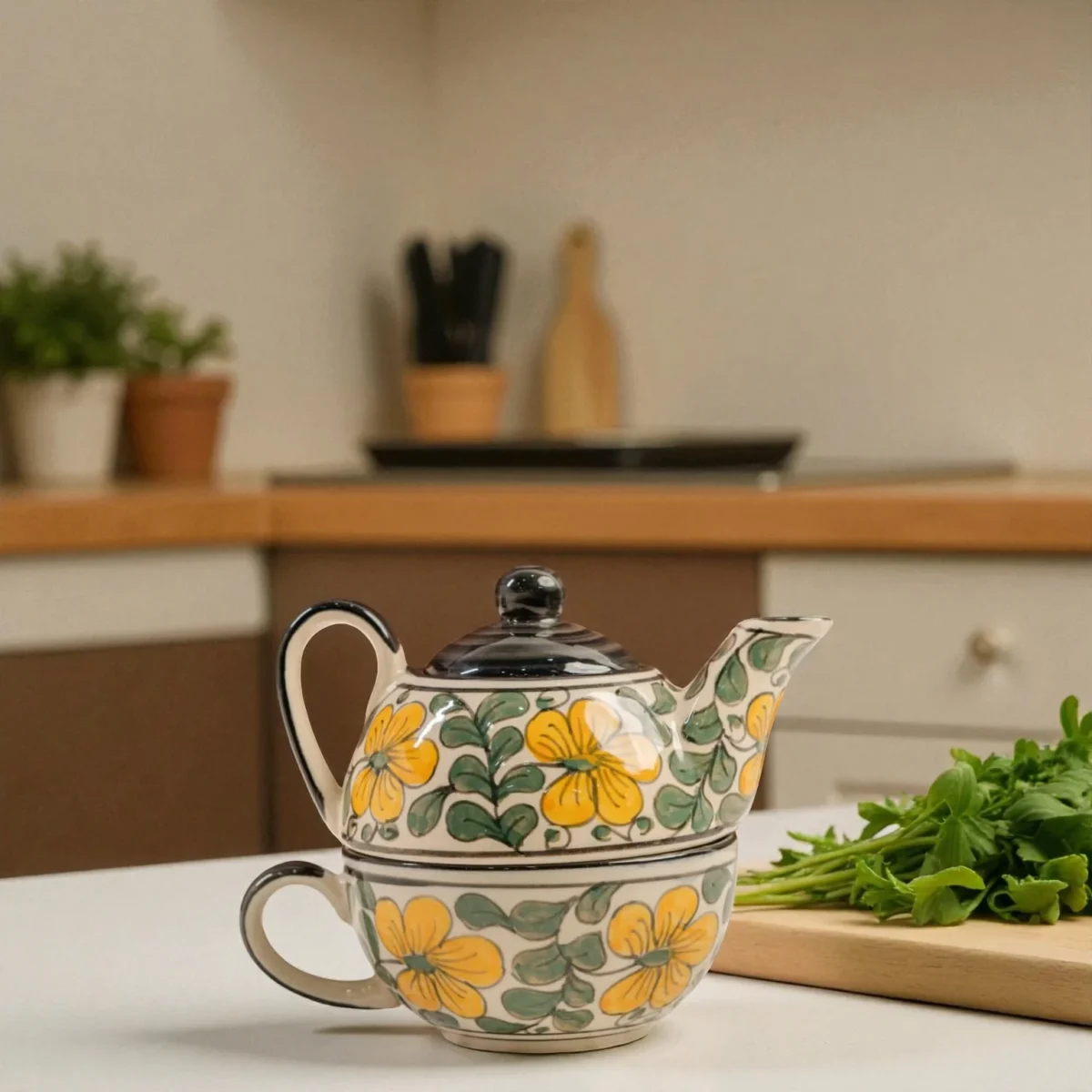 Meadow Bloom Ceramic Stackable Solo Tea Set | 200ml Cup and 300ml Teapot