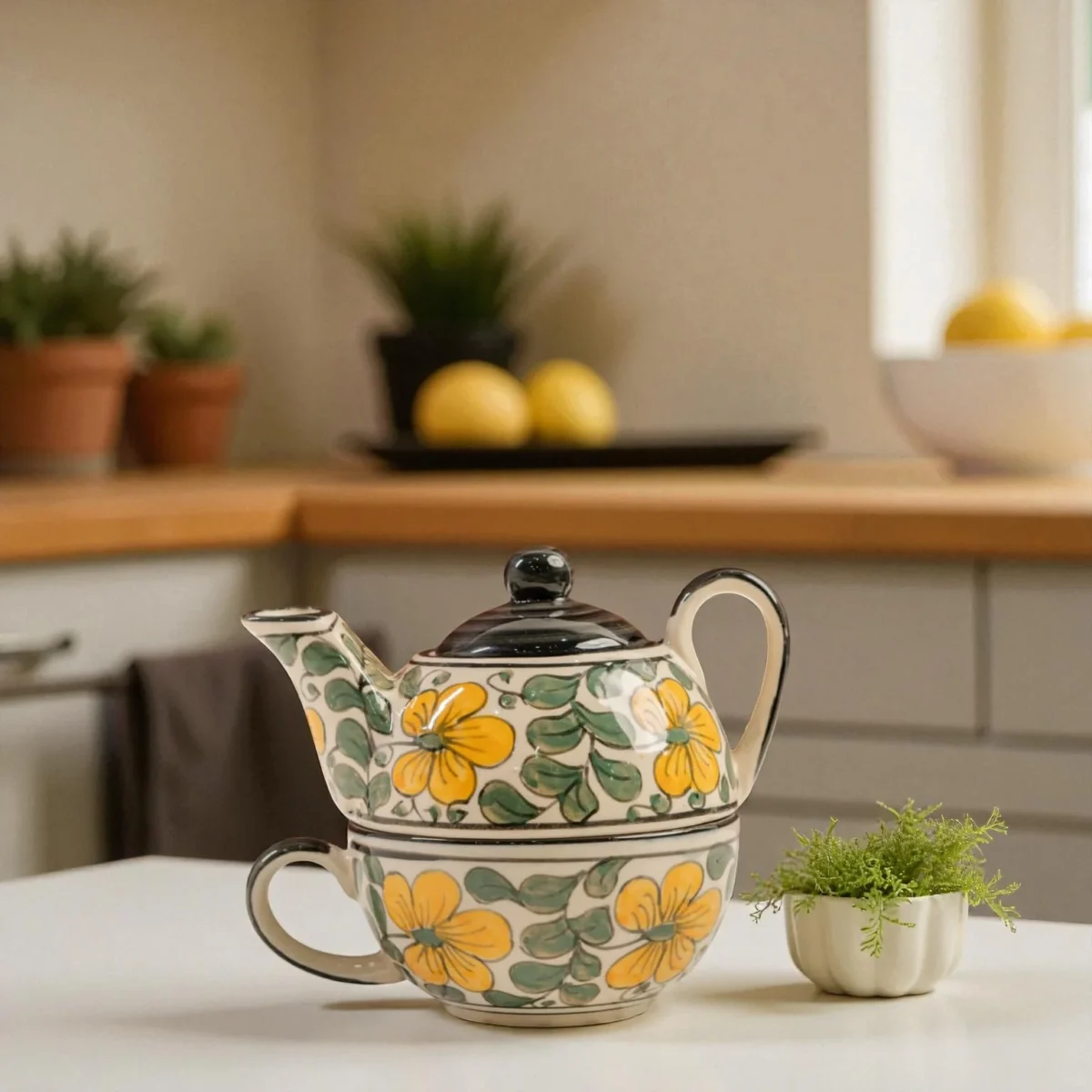 Meadow Bloom Ceramic Stackable Solo Tea Set | 200ml Cup and 300ml Teapot