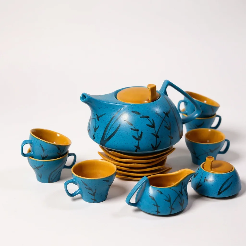 Celeste Mist – 15-Piece Luxury Japanese Tea Set in Matte Sky Blue & Caramel Brown (1300ml Tea Pot, 300ml Milk Pot, 300ml Sugar Pot, and 180ml Cups)