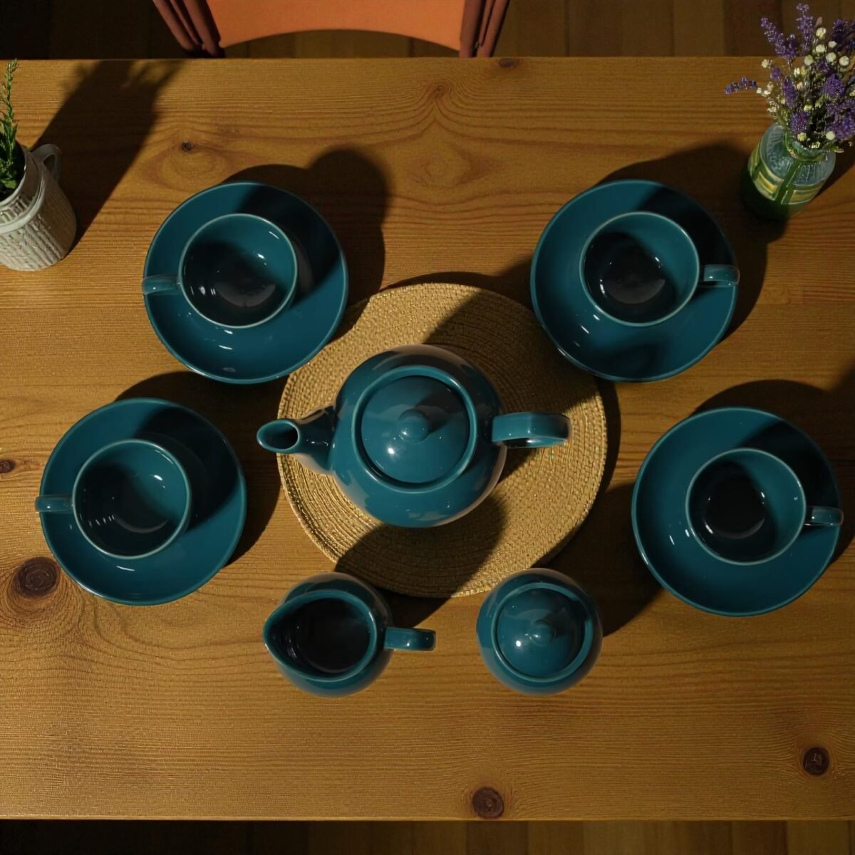 Teal Mist Royale – 11 Piece Luxury Tea Set (4 Cups & Saucers, 1 Teapot, 1 Milk pot, and 1 Sugar Pot)