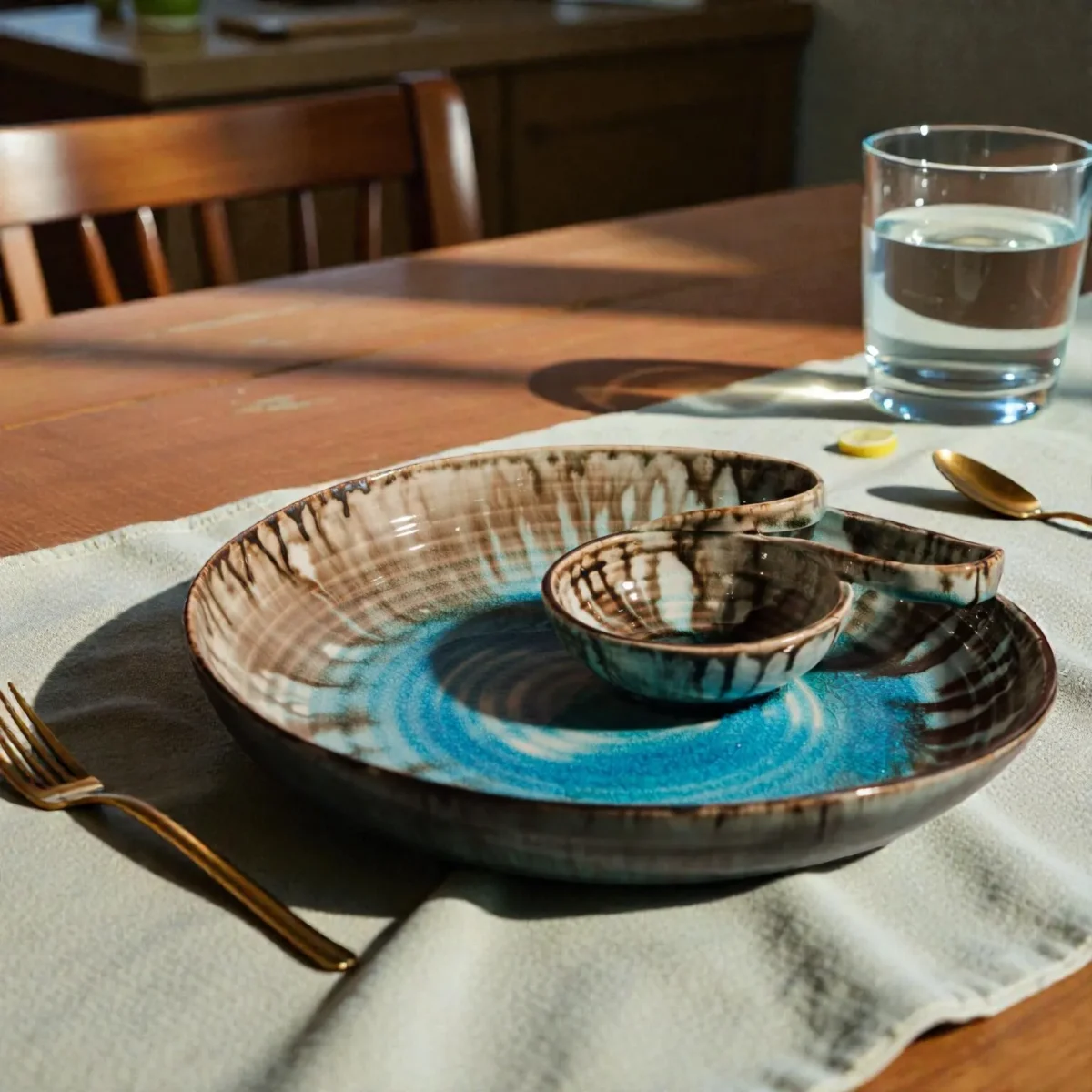 Harmiche Laguna Luxe Crackle Ceramic Chip and Dip Platter (9 Inch) – Aqua Blue Snack Serving Platter with Built-in Dip Bowl
