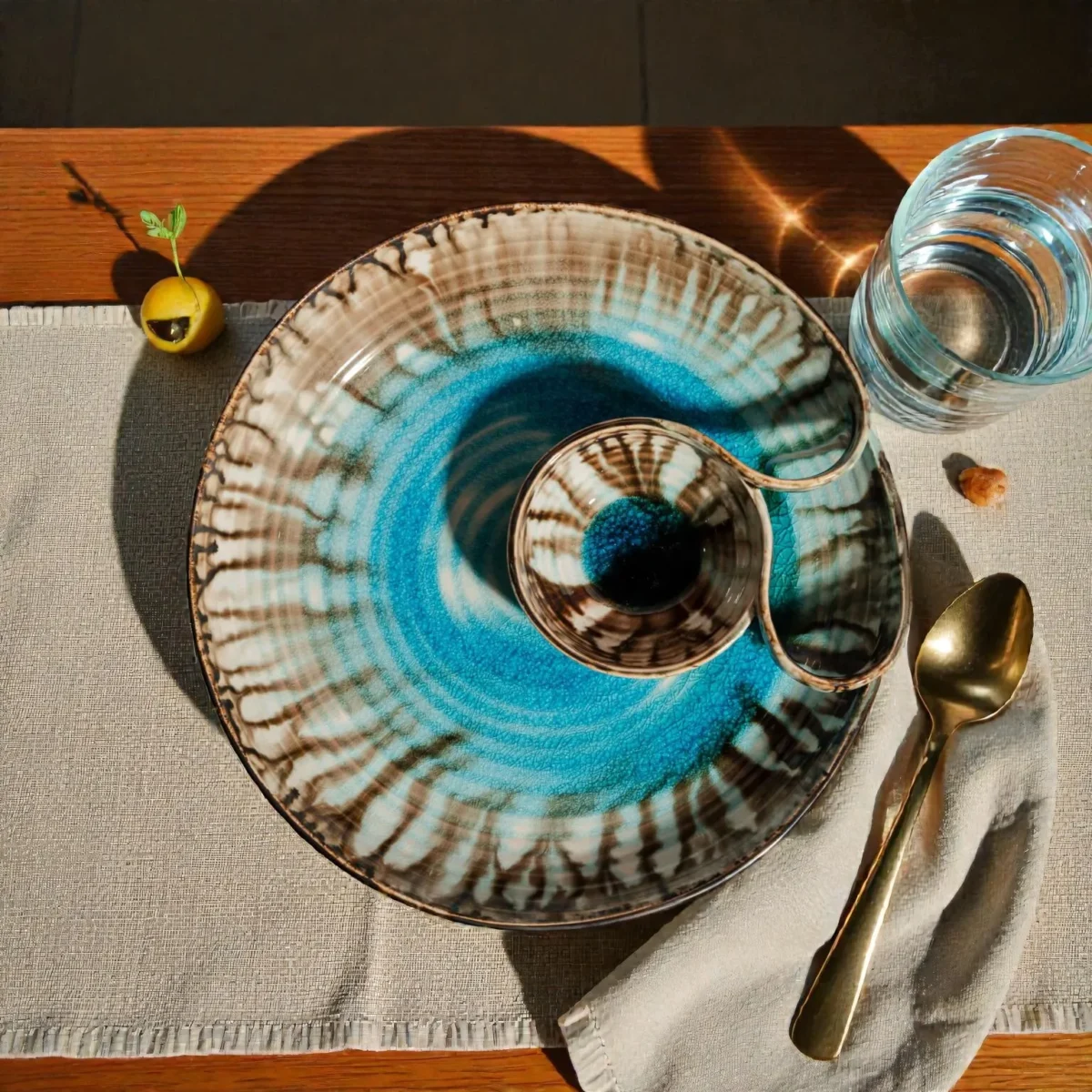 Harmiche Laguna Luxe Crackle Ceramic Chip and Dip Platter (9 Inch) – Aqua Blue Snack Serving Platter with Built-in Dip Bowl
