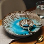 Harmiche Laguna Luxe Crackle Medium Round Ceramic Chip and Dip Platter (12 Inch) – Aqua Blue Snack Serving Platter with Built-in Dip Bowl