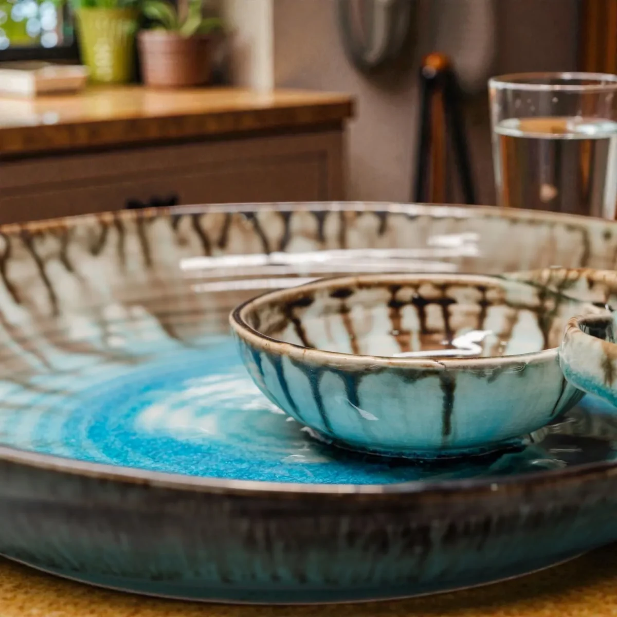 Harmiche Laguna Luxe Crackle Ceramic Chip and Dip Platter (9 Inch) – Aqua Blue Snack Serving Platter with Built-in Dip Bowl