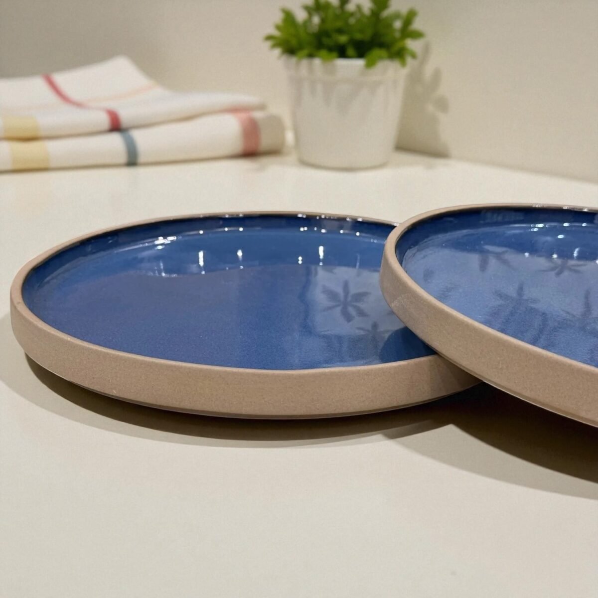 Calm Blue Stone Ceramic Plates with Rim – (10 Inches, Set of 2)