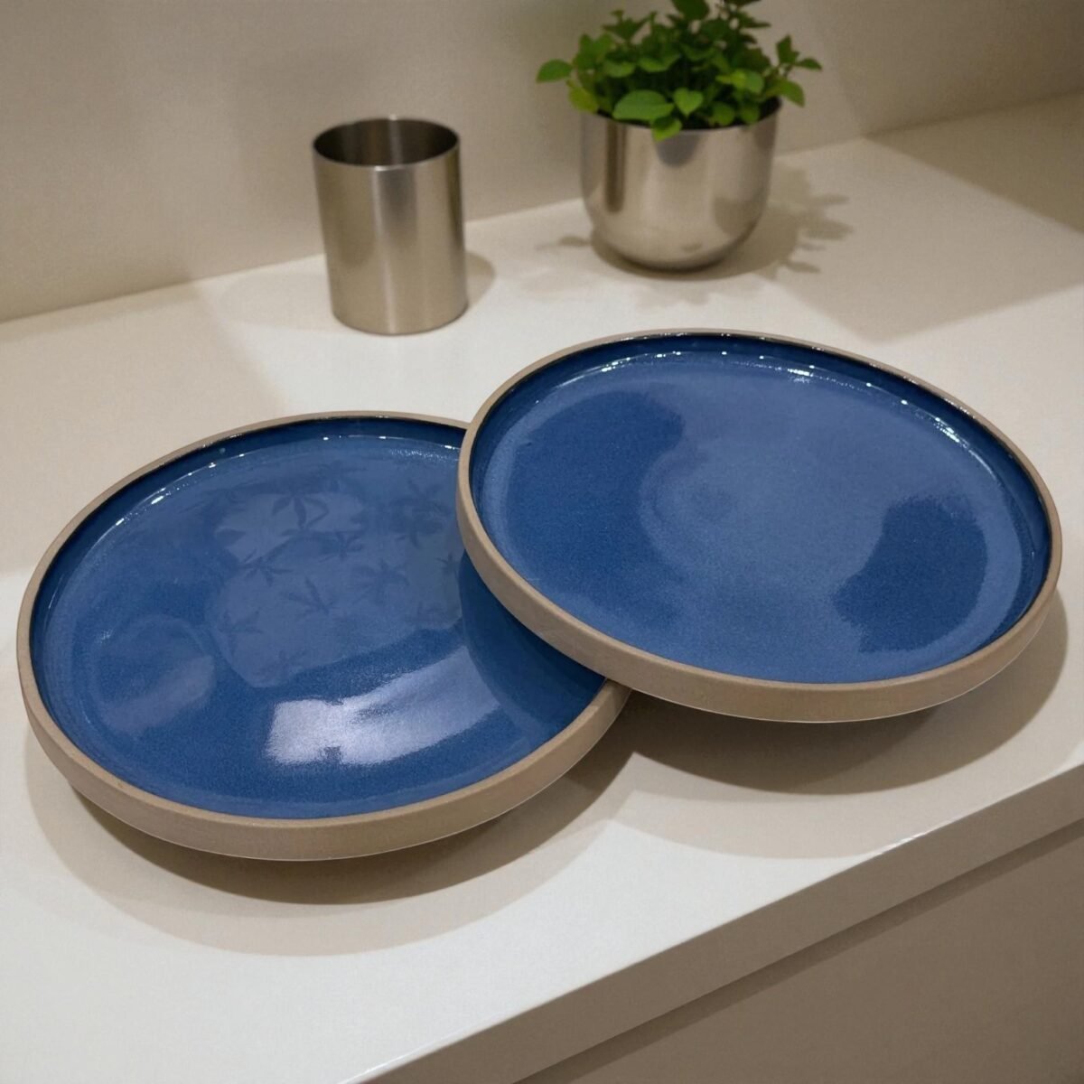 Calm Blue Stone Ceramic Plates with Rim – (10 Inches, Set of 2)