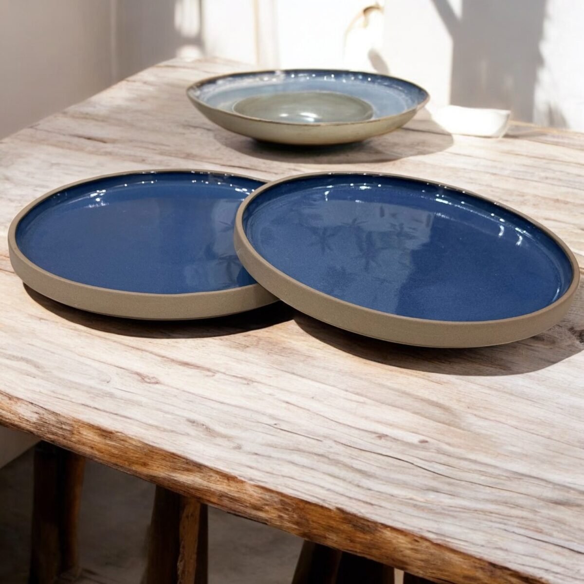 Calm Blue Stone Ceramic Plates with Rim – (10 Inches, Set of 2)