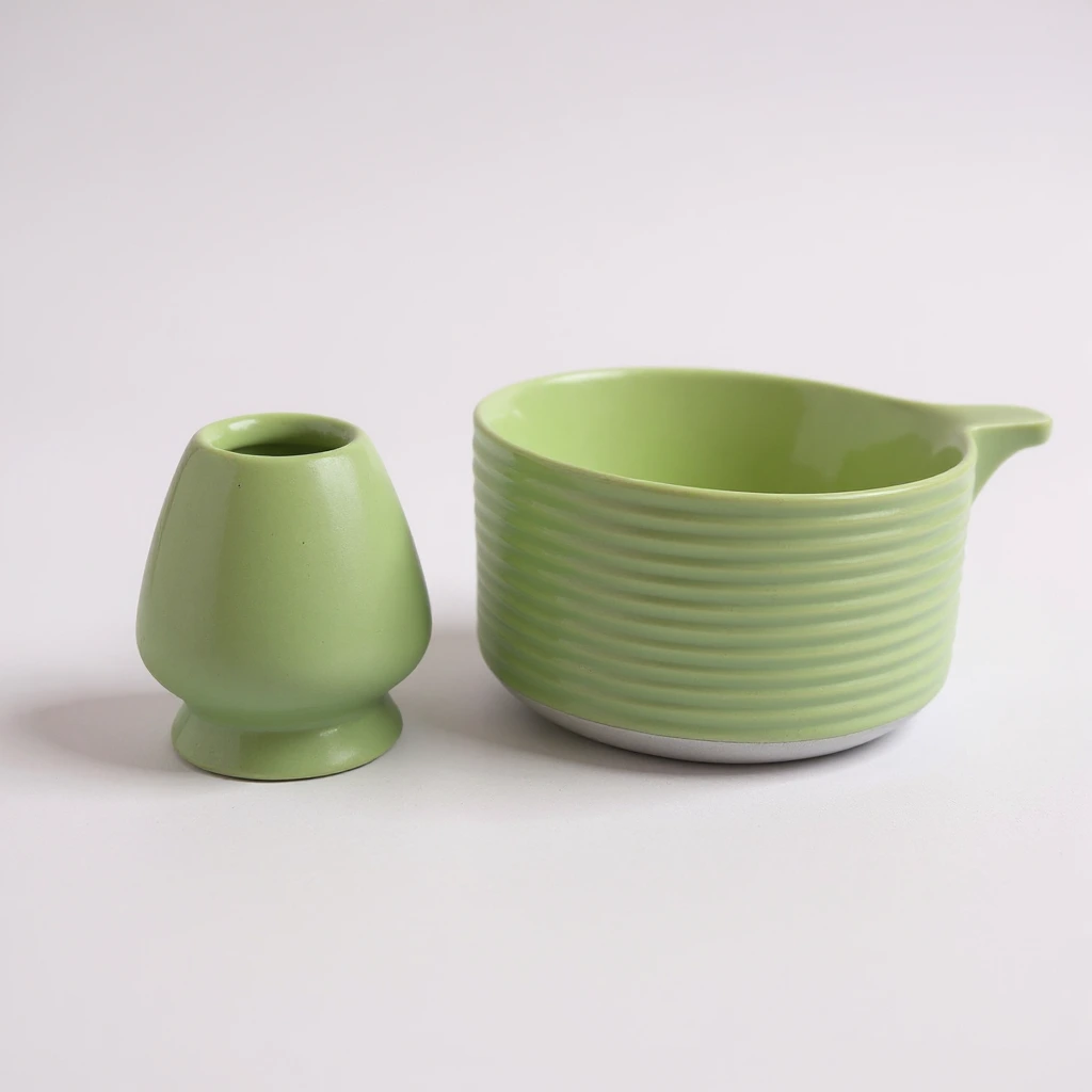 Matcha Bowl with Whisk Holder – Handmade Ceramic Matcha Tea Set for Whisk & Brewing, Green Glaze