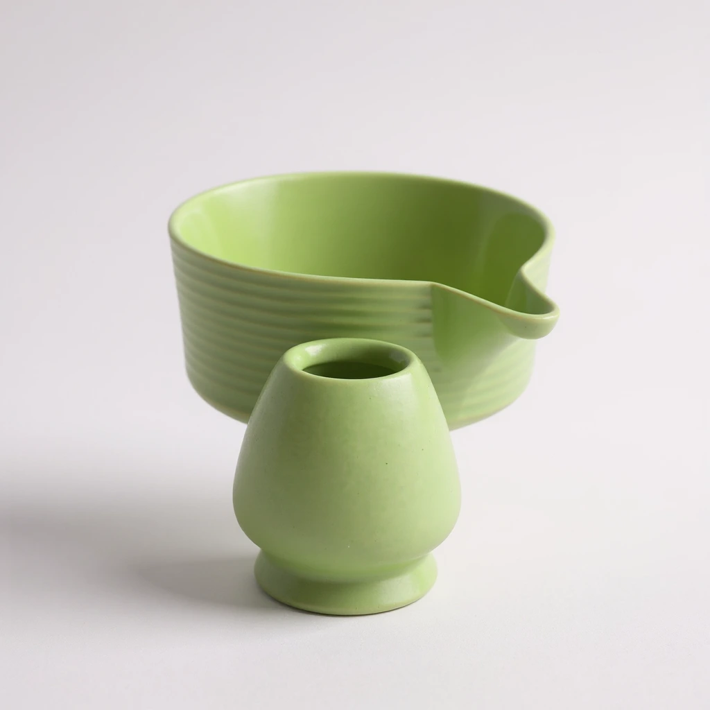 Matcha Bowl with Whisk Holder – Handmade Ceramic Matcha Tea Set for Whisk & Brewing, Green Glaze
