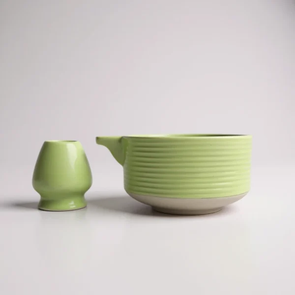 Matcha Bowl with Whisk Holder – Handmade Ceramic Matcha Tea Set for Whisk & Brewing, Green Glaze