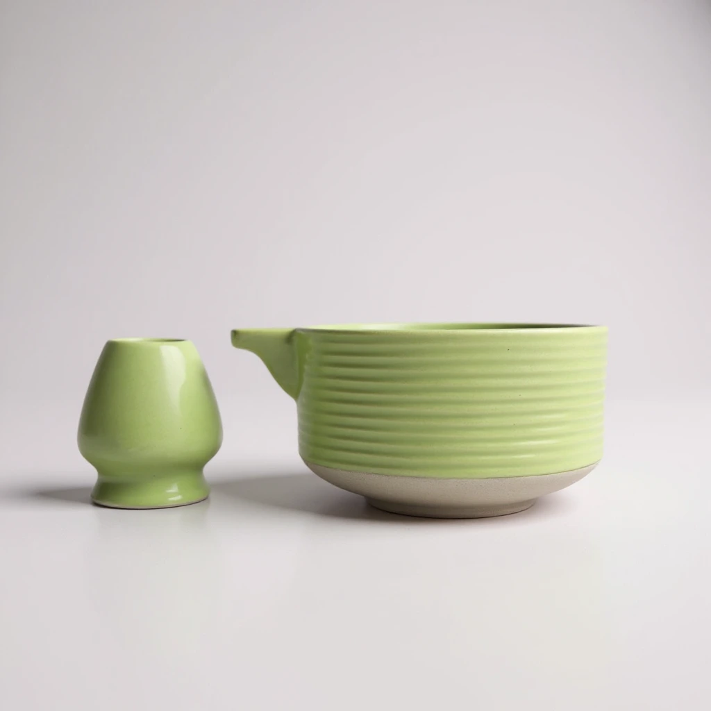Matcha Bowl with Whisk Holder – Handmade Ceramic Matcha Tea Set for Whisk & Brewing, Green Glaze