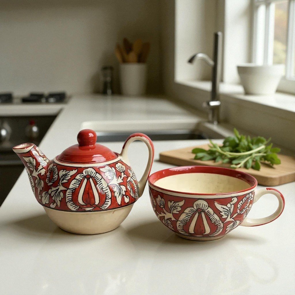 Harmiche Gulmohar – Handcrafted Stackable Solo Tea Set (Teapot 300 ml & Cup 200 ml)