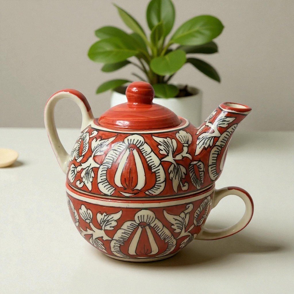 Harmiche Gulmohar – Handcrafted Stackable Solo Tea Set (Teapot 300 ml & Cup 200 ml)