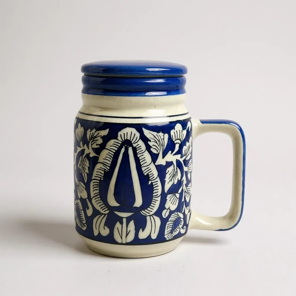 Harmiche Blue Blossom – Artisanal Ceramic Mug with Lid (500 ml)