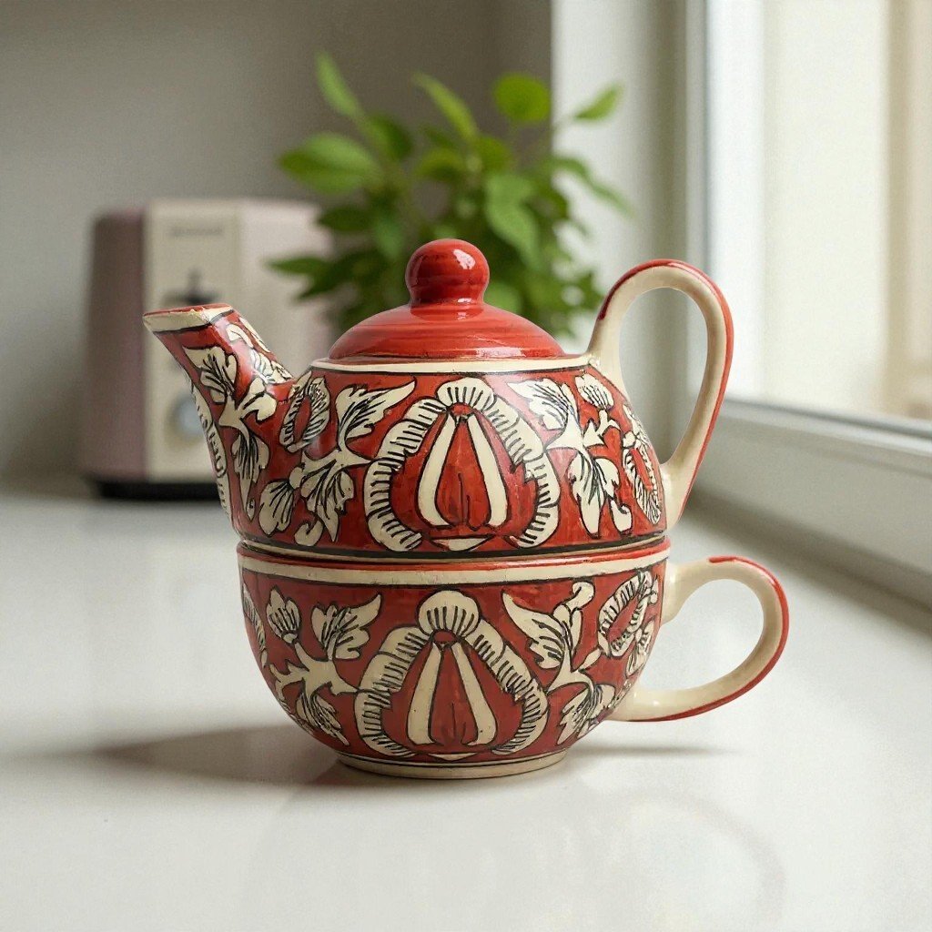 Harmiche Gulmohar – Handcrafted Stackable Solo Tea Set (Teapot 300 ml & Cup 200 ml)