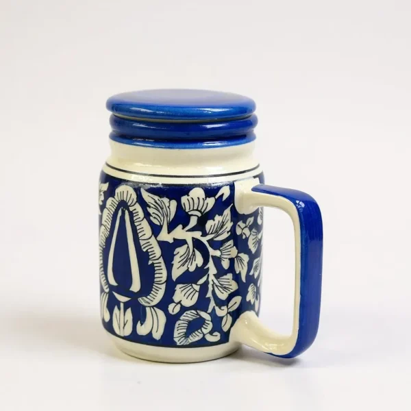 Blue Blossom Artisanal Ceramic Mug with Lid – 500ml by Harmiche