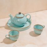 AquaLoom Tea Ensemble – Handcrafted Ceramic Kettle, 2 Cups & Tray Set | Gifting Ready