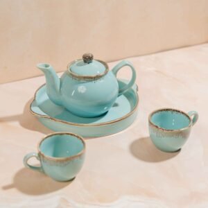 AquaLoom Tea Ensemble – Handcrafted Ceramic Kettle, 2 Cups & Tray Set