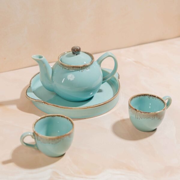 AquaLoom Tea Ensemble – Handcrafted Ceramic Kettle, 2 Cups & Tray Set | Gifting Ready