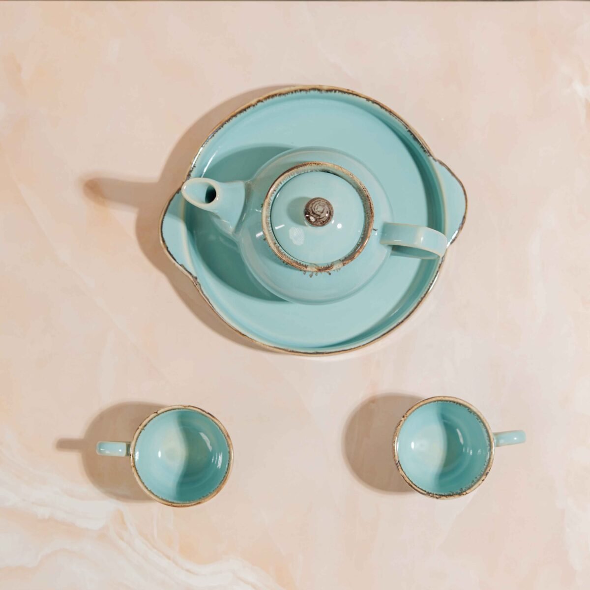 AquaLoom Tea Ensemble – Handcrafted Ceramic Kettle, 2 Cups & Tray Set
