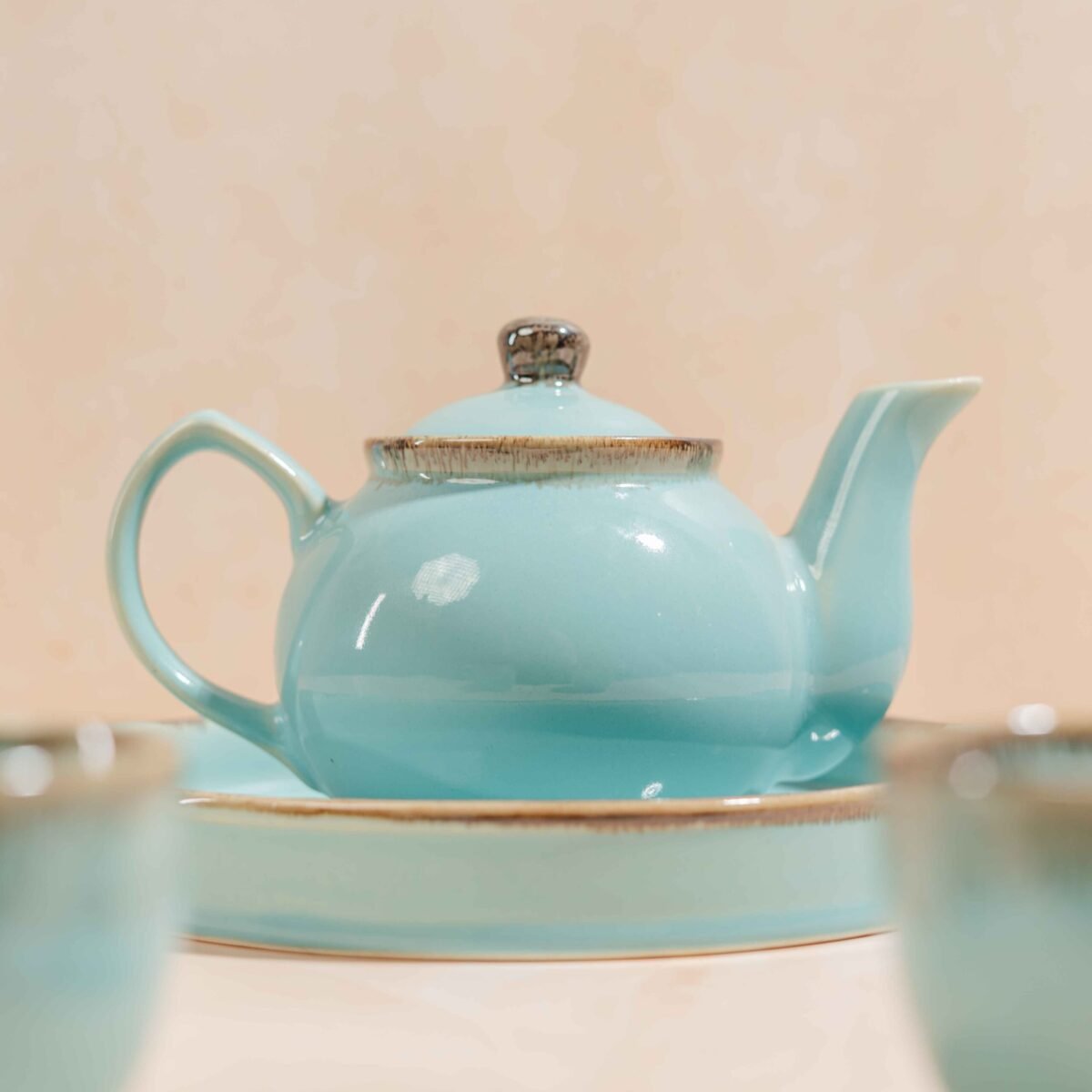 AquaLoom Tea Ensemble – Handcrafted Ceramic Kettle, 2 Cups & Tray Set