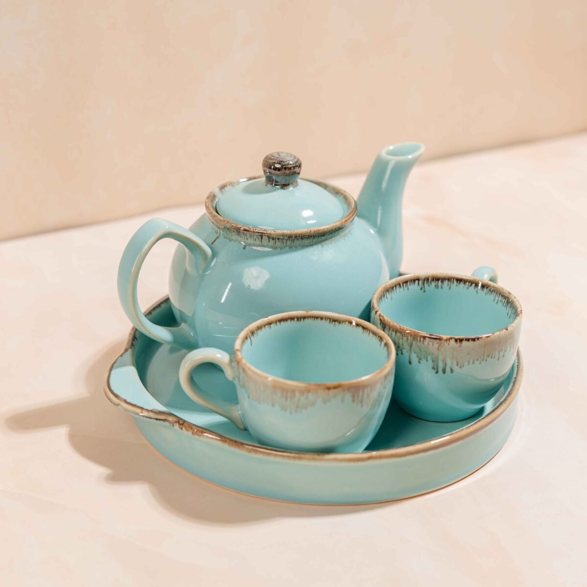 AquaLoom Tea Ensemble – Handcrafted Ceramic Kettle, 2 Cups & Tray Set
