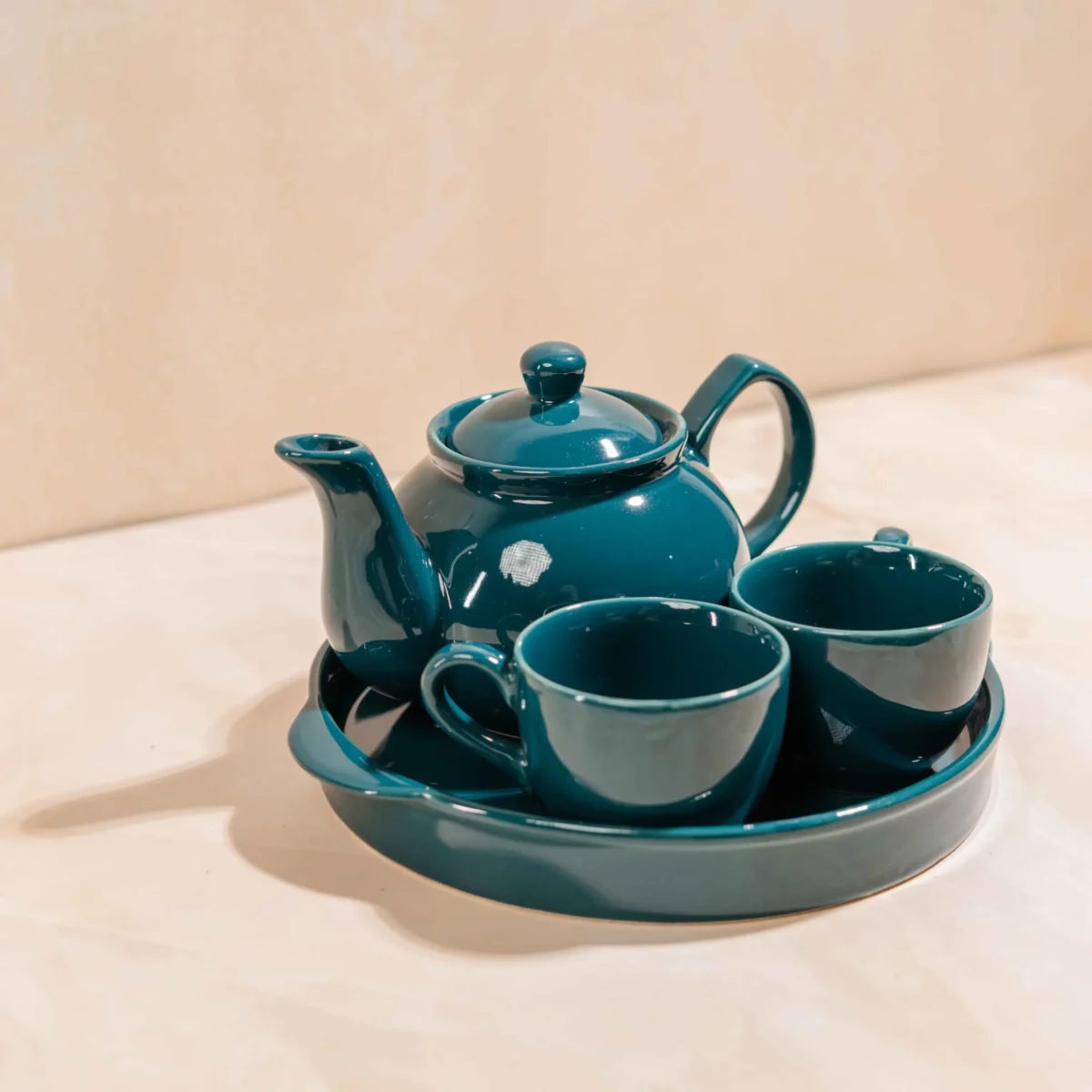 Midnight Verdure Tea Ensemble – Handcrafted Ceramic Kettle, 2 Cups & Tray Set by Harmiche