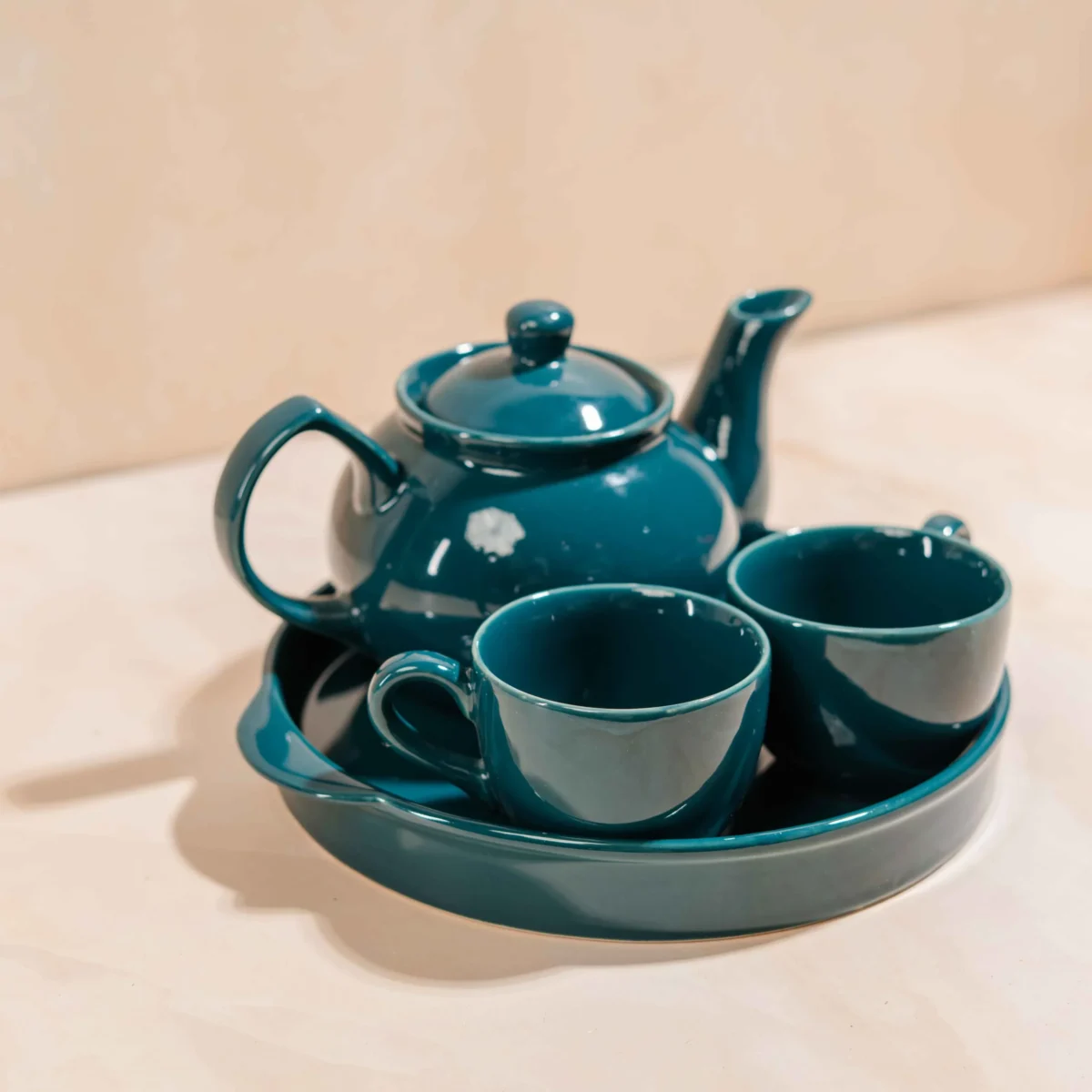 Midnight Verdure Tea Ensemble – Handcrafted Ceramic Kettle, 2 Cups & Tray Set by Harmiche