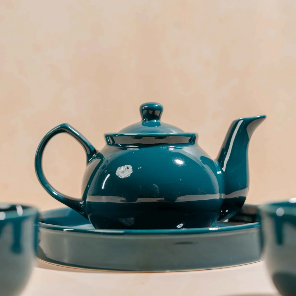 Midnight Verdure Tea Ensemble – Handcrafted Ceramic Kettle, 2 Cups & Tray Set by Harmiche