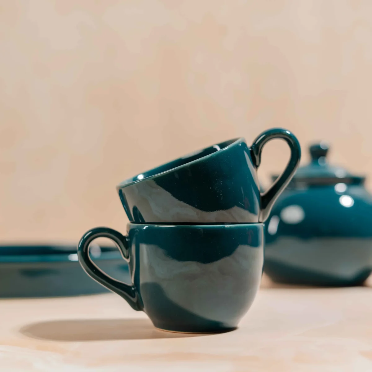 Midnight Verdure Tea Ensemble – Handcrafted Ceramic Kettle, 2 Cups & Tray Set by Harmiche