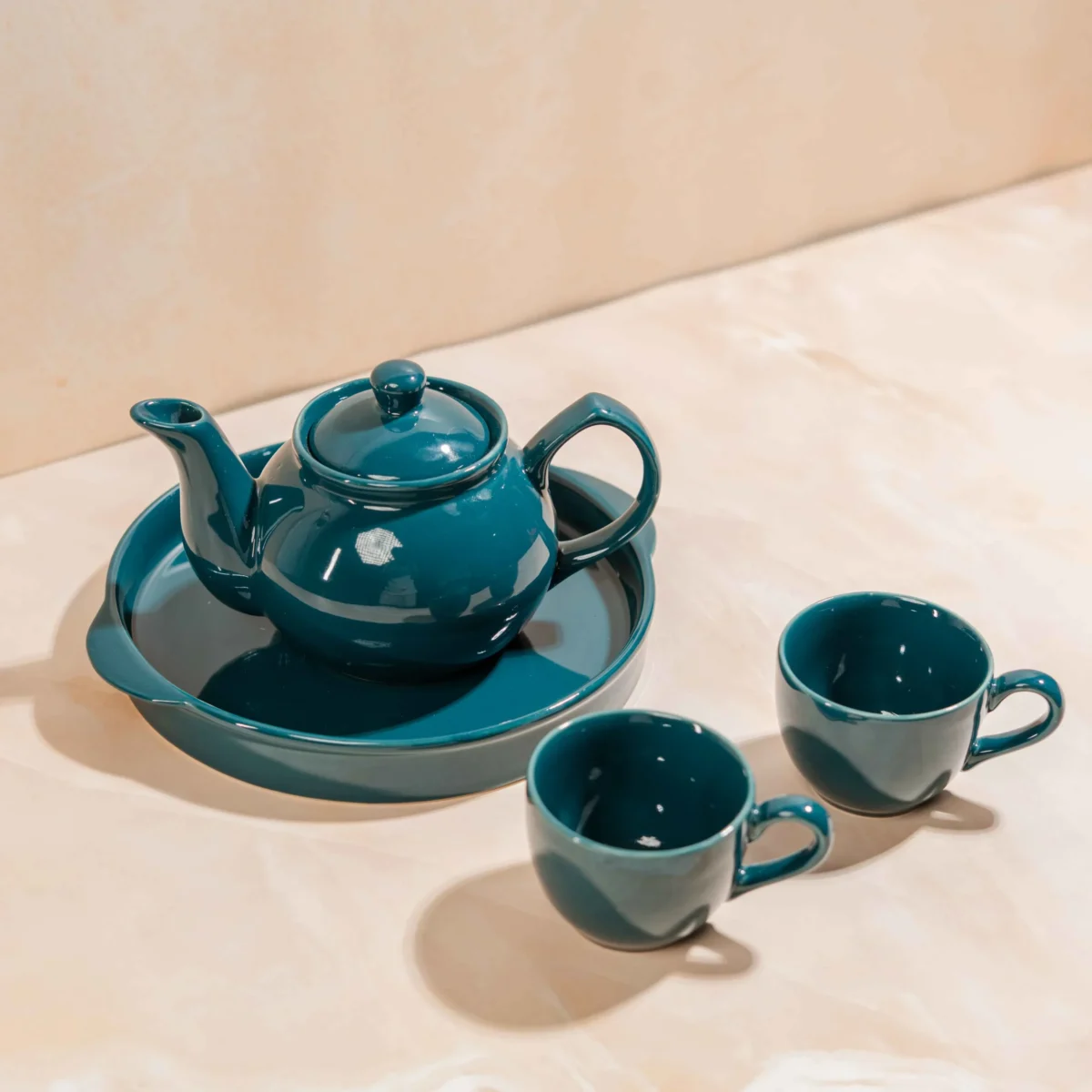 Midnight Verdure Tea Ensemble – Handcrafted Ceramic Kettle, 2 Cups & Tray Set by Harmiche | Gifting Ready