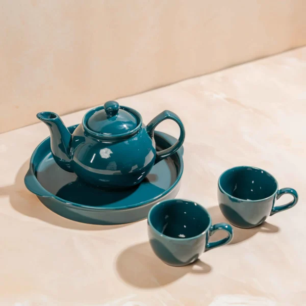 Midnight Verdure Tea Ensemble – Handcrafted Ceramic Kettle, 2 Cups & Tray Set by Harmiche | Gifting Ready