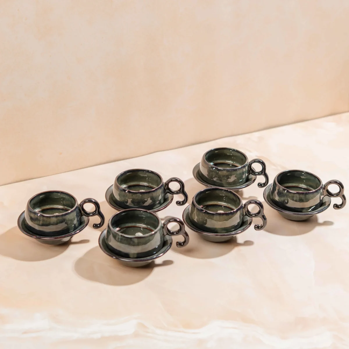 Noctera Cup & Saucer Set – 6 Handcrafted Ceramic Pieces by Harmiche