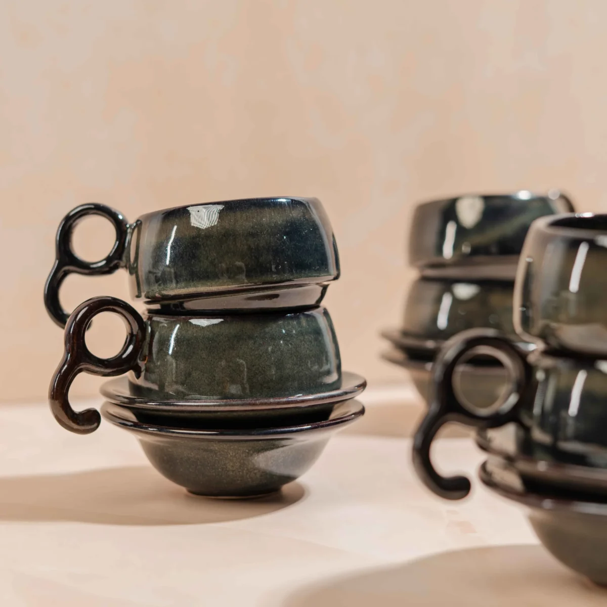 Noctera Cup & Saucer Set – 6 Handcrafted Ceramic Pieces by Harmiche (140ml Cups)