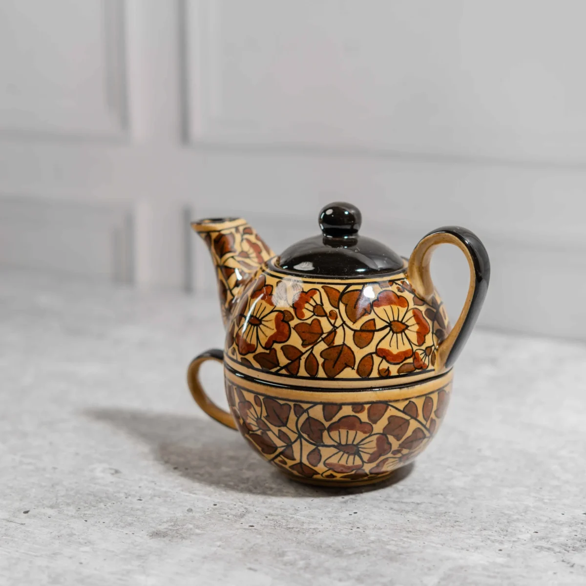 Florora Stackable Solo Tea Set – Handcrafted Ceramic Teapot & Cup by Harmiche | 200ml Cup and 300ml Teapot
