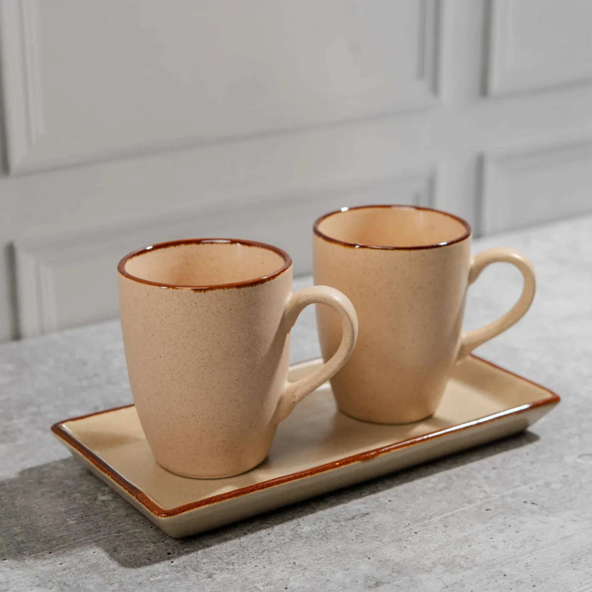 Serava Mug & Tray Set – 2 Handcrafted 280ml Ceramic Mugs with Matching Tray by Harmiche