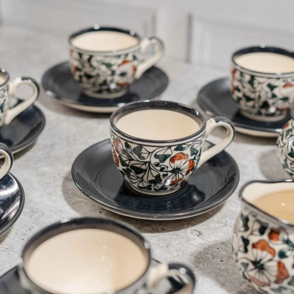 Florivante 15-Piece Hand-Painted Ceramic Tea Set – 1100ml teapot, milk pot, sugar pot & 6 cups with saucers. Premium handcrafted serveware