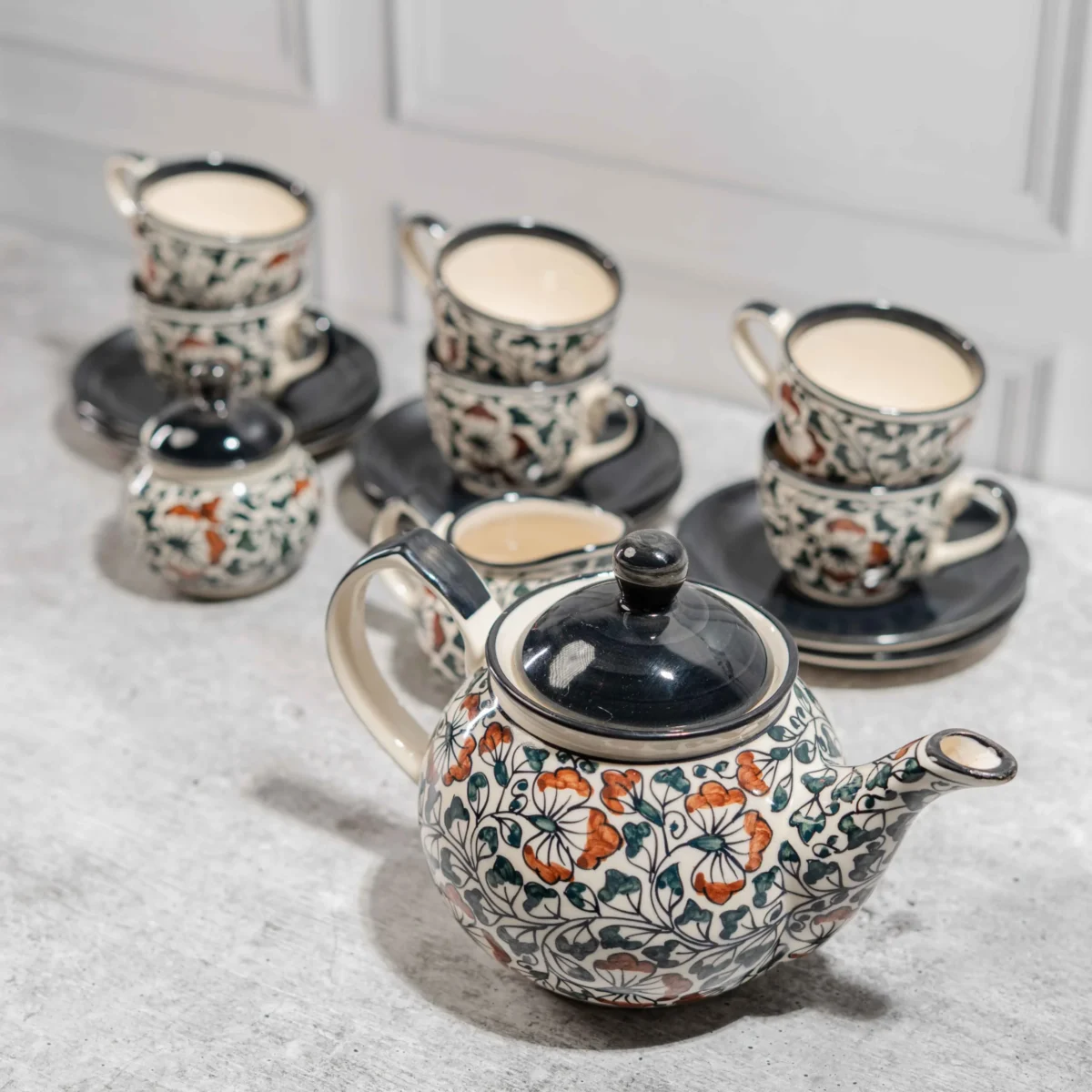 Florivante 15-Piece Hand-Painted Ceramic Tea Set – 1100ml teapot, milk pot, sugar pot & 6 cups with saucers. Premium handcrafted serveware