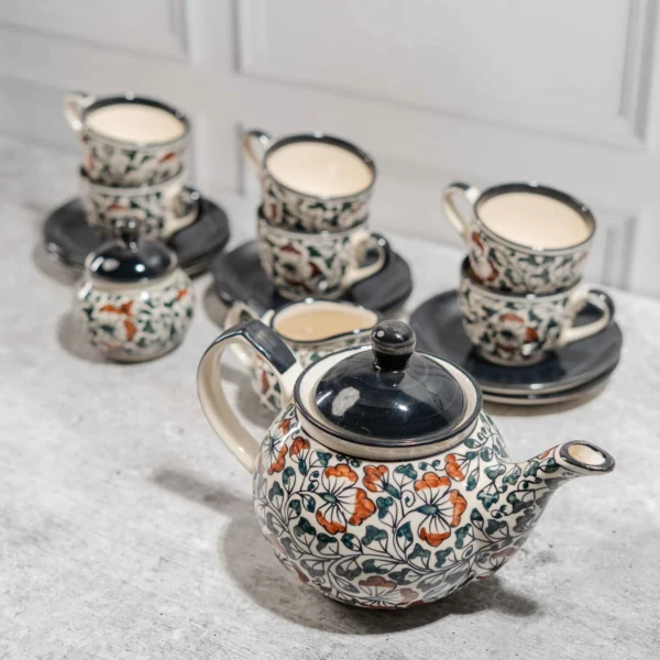 Florivante 15-Piece Hand-Painted Ceramic Tea Set – 1100ml teapot, milk pot, sugar pot & 6 cups with saucers. Premium handcrafted serveware