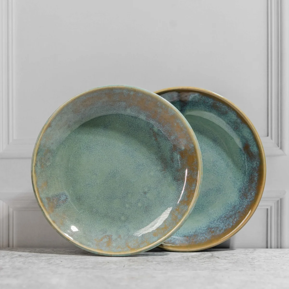 Aurelia Ceramic Quarter Plates – Set of 2 handcrafted 7-inch plates with aqua-brown glaze. Microwave & dishwasher safe. Perfect for snacks & desserts.