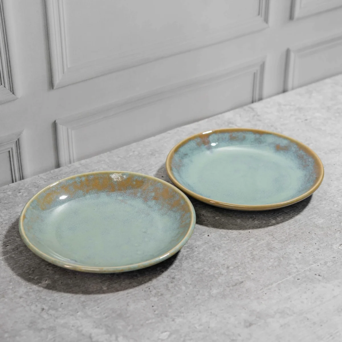 Aurelia Ceramic Quarter Plates – Set of 2 handcrafted 7-inch plates with aqua-brown glaze. Microwave & dishwasher safe. Perfect for snacks & desserts.