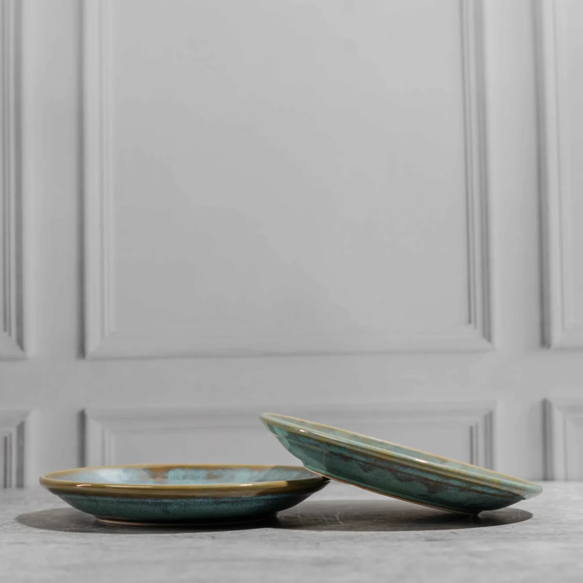 Aurelia Ceramic Quarter Plates – Set of 2 handcrafted 7-inch plates with aqua-brown glaze. Microwave & dishwasher safe. Perfect for snacks & desserts.