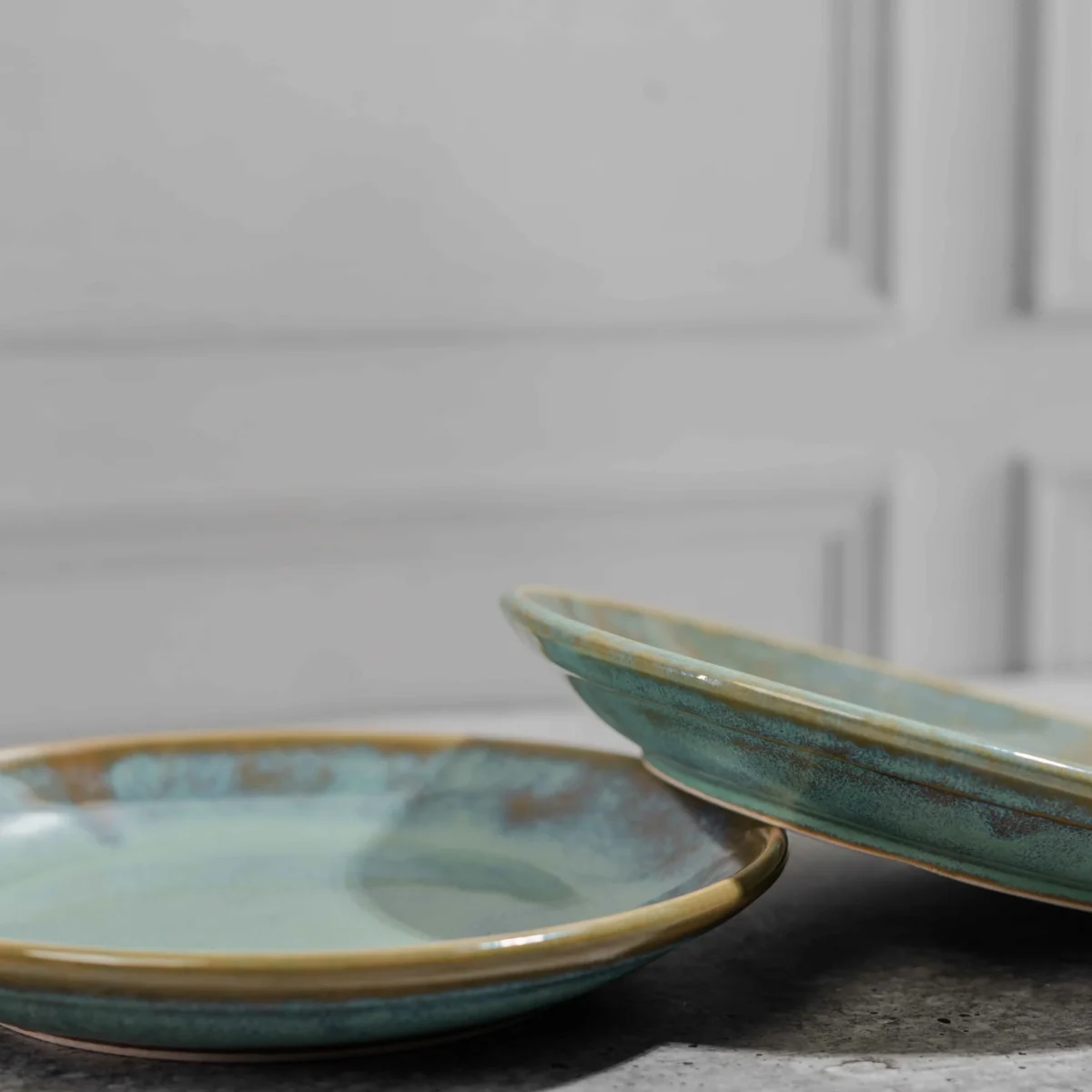 Aurelia Ceramic Quarter Plates – Set of 2 handcrafted 7-inch plates with aqua-brown glaze. Microwave & dishwasher safe. Perfect for snacks & desserts.