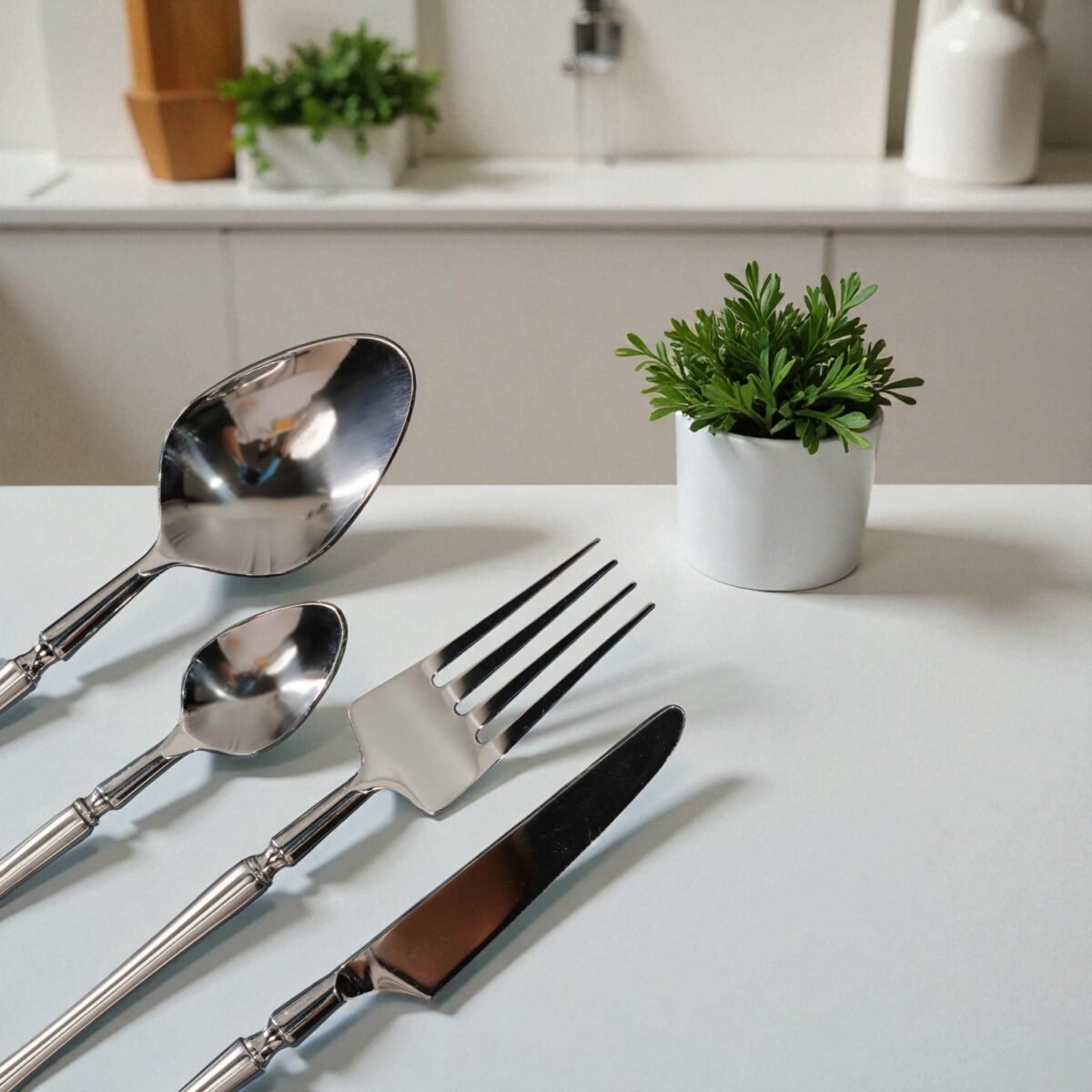 Harmiche Classic Silver 4-Piece Cutlery Set – Premium Stainless Steel Flatware with Center Detailing