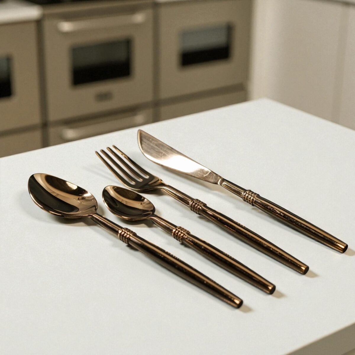 Harmiche Quad-Ring Gold 4-Piece Cutlery Set – Premium Stainless Steel Flatware