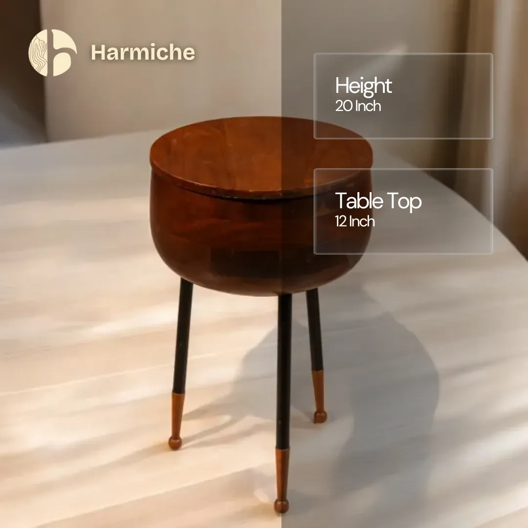 Harmiche Orbit Storage Table – Handcrafted Acacia Wood Table with Hidden Storage & Metal-Leg Base | Modern Multipurpose Accent Table
