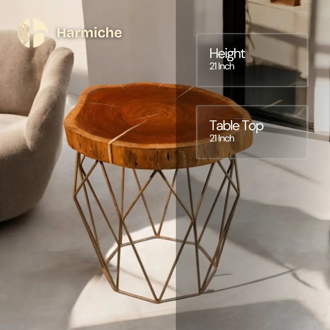 Harmiche Terra Slice Coffee Table – Handcrafted Natural Wood Top with Geometric Metal Base | Luxury Accent & Coffee Table