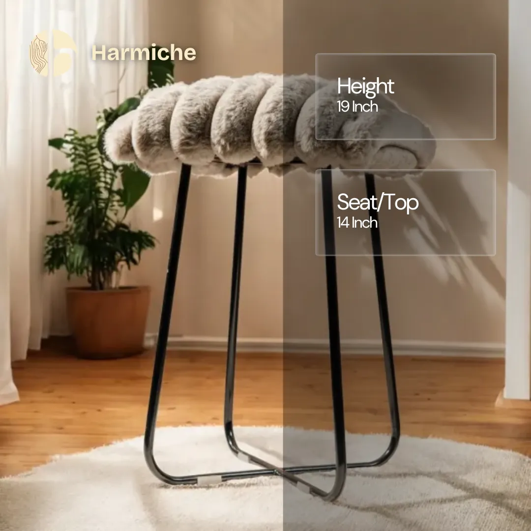 Harmiche CloudNest Faux Fur Stool – Handcrafted Textured Pouffe with Metal Base
