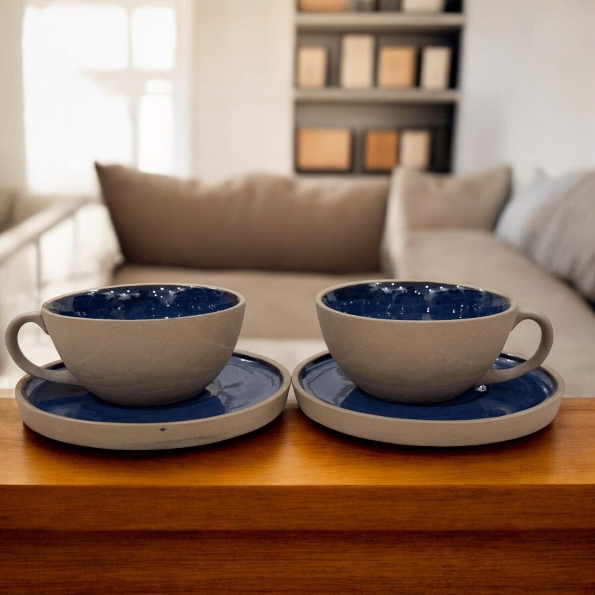 Azure Dune Cup & Saucer Set – Set of 2 | A Piece of Modern Art (240ml Cups)